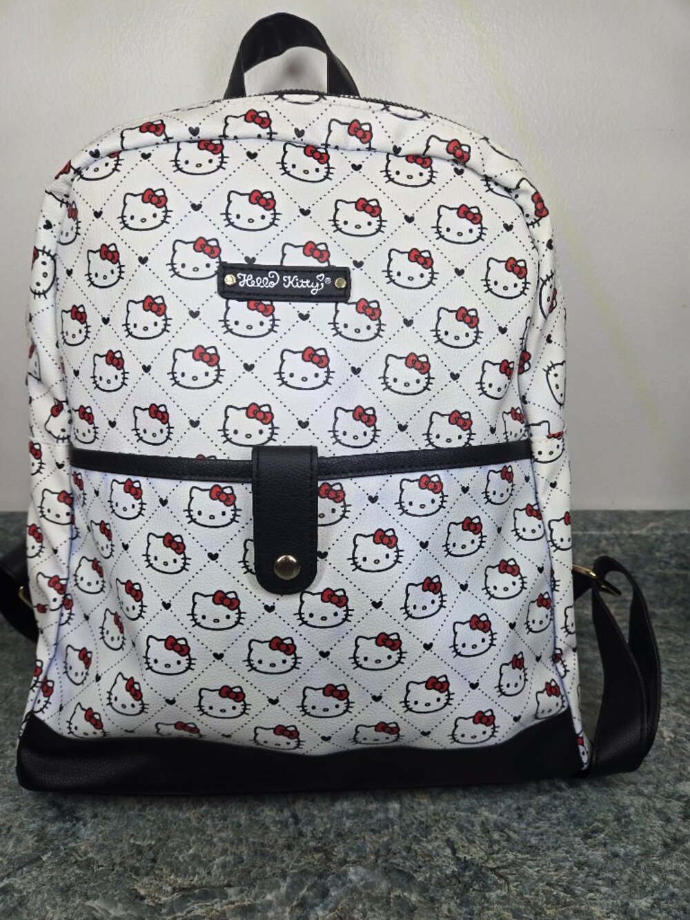 Hello Kitty White Faux Leather All-Over Print Backpack – Black Trim & Front Snap